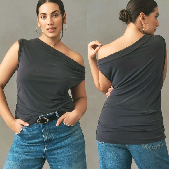 Pilcro Anthropologie One Shoulder Top Womens XL Gray Ruched Side Modal Blend - Picture 2 of 12